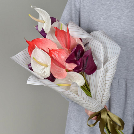 Букет Микс из 9 антуриумов. Антуриум. Антуриумы. Экзотические цветы - Фото 1