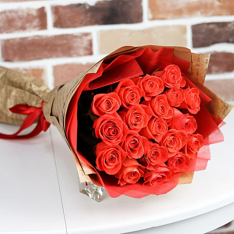 Розы. Букет из 19 оранжевых роз. N516 - Фото 1