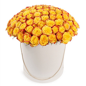 51 роза Час Пик в большой белой шляпной коробке №591