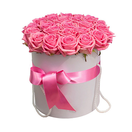 25 розовых роз Джумелия в белой шляпной коробке №162 - Фото 1