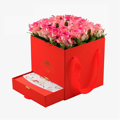 Красная коробка шкатулка 25 розовых роз Raffaello в подарок №381 - Фото 1