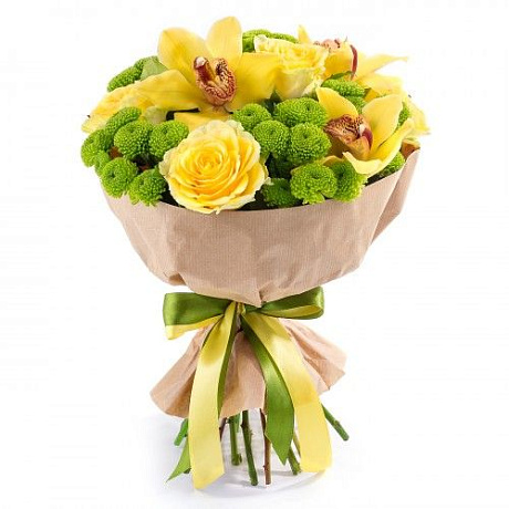 Букет из желтых орхидей, роз и хризантем - Фото 1