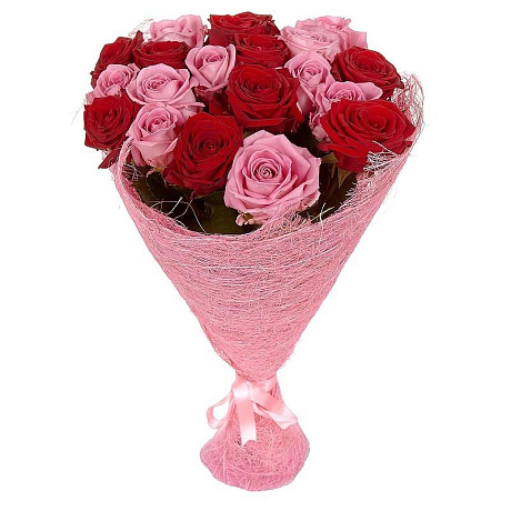Букет из 21 красной и розовой розы - Фото 1