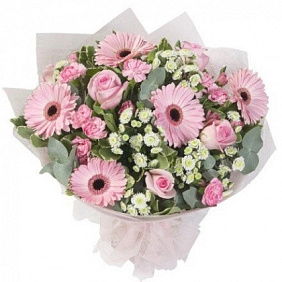 Букет из розовых роз и гербер Романтика