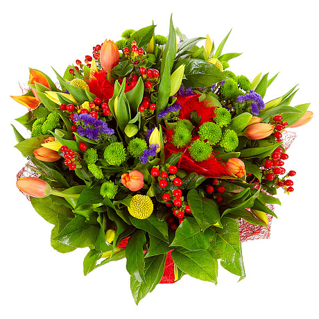 Букет из тюльпанов, хризантем и гиперикума - Фото 1