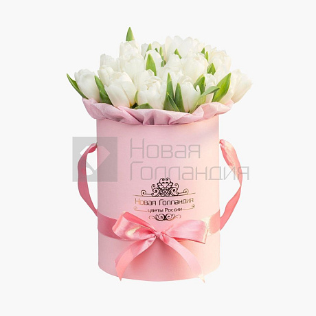 25 белых тюльпанов в розовой маленькой шляпной коробке №521 - Фото 1