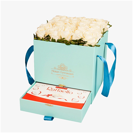 Коробка шкатулка Тиффани 25 белых роз Raffaello в подарок №384 - Фото 1