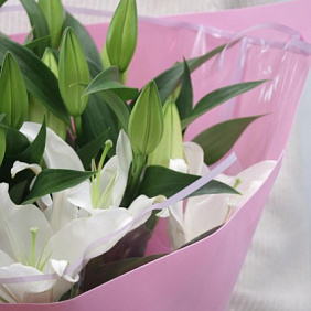 Букет из 5 белых ориентальных лилий в упаковке