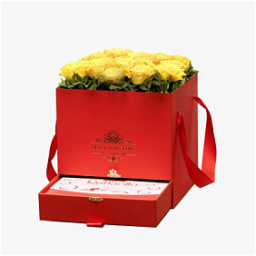 Красная коробка шкатулка 25 желтых роз Raffaello в подарок №406