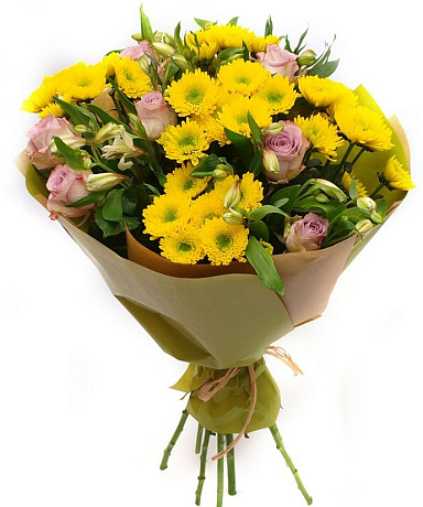 Букет из роз, альстромерий и желтых хризантем - Фото 1