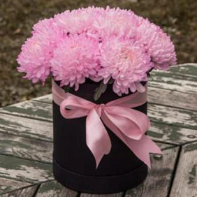 15 Розовых хризантем в большой черной коробке №269