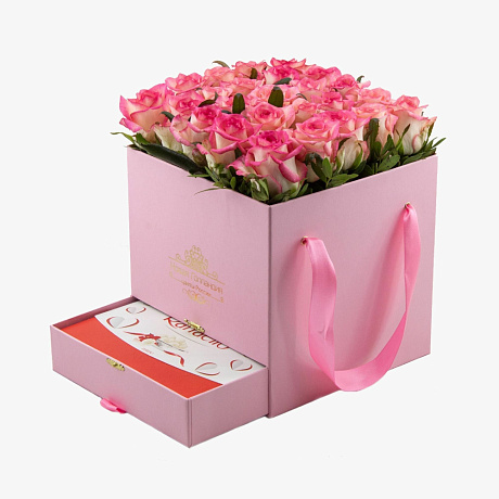 Розовая коробка шкатулка 25 розовых роз Джумелия Raffaello в подарок №391 - Фото 1