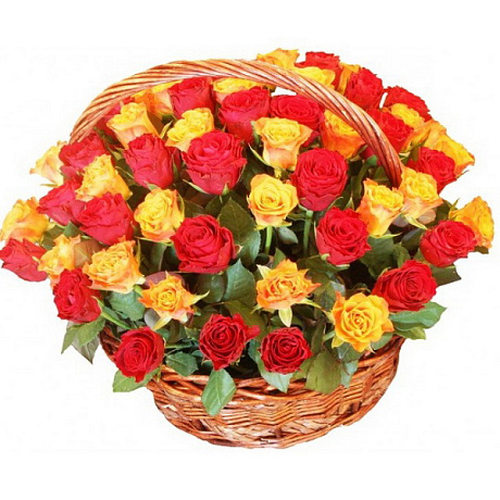 101 красная и желтая роза в корзине - Фото 1