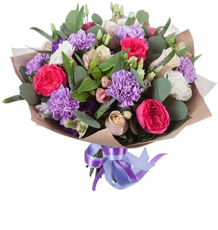 Букет из пионовидных роз, лиловых гвоздик и вероники - Фото 1