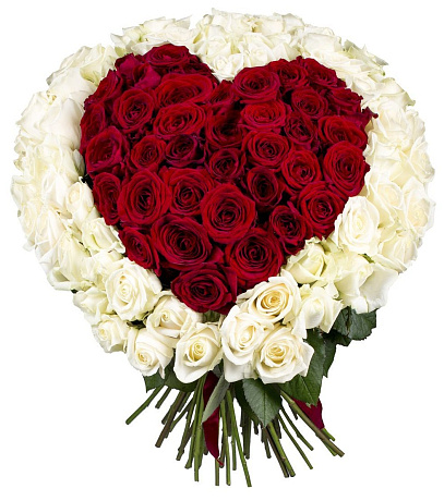 101 белая и красная роза в виде сердца - Фото 1