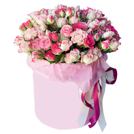 Букет из 15 кустовых роз в малой шляпной коробке - Фото 1