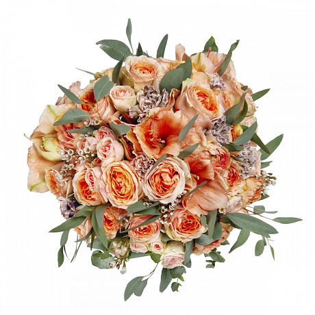 Букет с персиковыми пионовидными розами - Фото 1