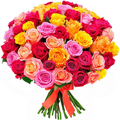 Букет из 51 разноцветной розы под ленту - Фото 1