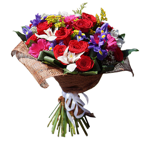 Букет из гербер, роз и орхидей - Фото 1