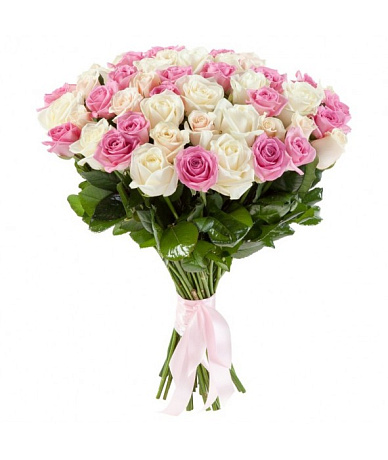 Букет из 41 белой и розовой розы под ленту - Фото 1