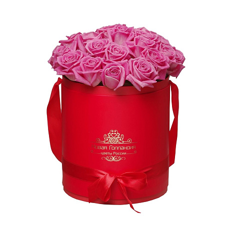 25 розовых роз в красной шляпной коробке №618 - Фото 1