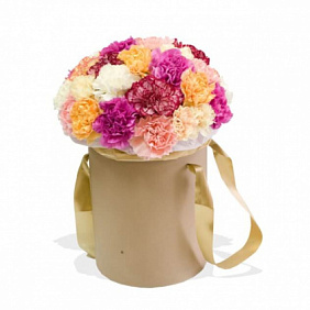 15 разноцветных гвоздик в шляпной коробке