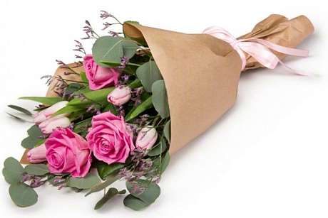 Букет из роз, тюльпанов и лимониума - Фото 1