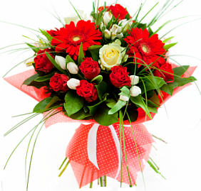 Букет из гербер, роз и тюльпанов