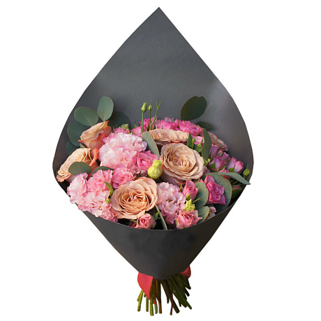 Букет из роз Капучино, гвоздик и лизиантуса - Фото 1