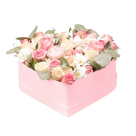 Композиция Сердце из роз микс в розовой коробке №163 - Фото 1