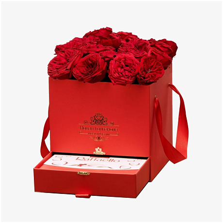 15 красных пионовидных роз Премиум в красной коробке шкатулке рафаэлло в подарок - Фото 1