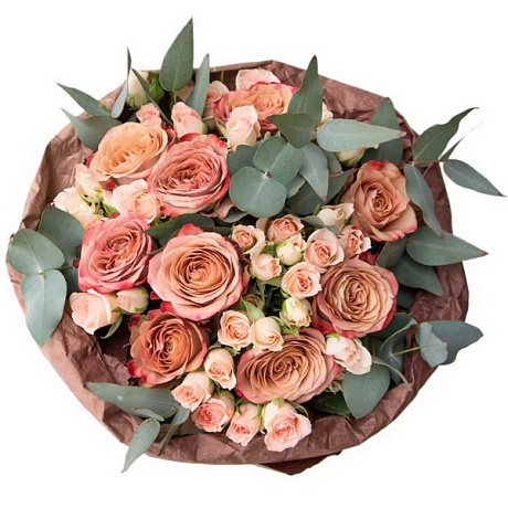 Букет из 21 розы Капучино с эвкалиптом №2 - Фото 1