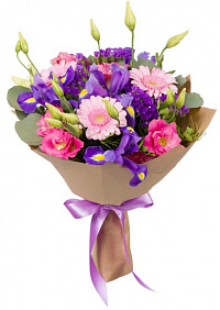 Букет из ирисов, гербер и лизиантуса