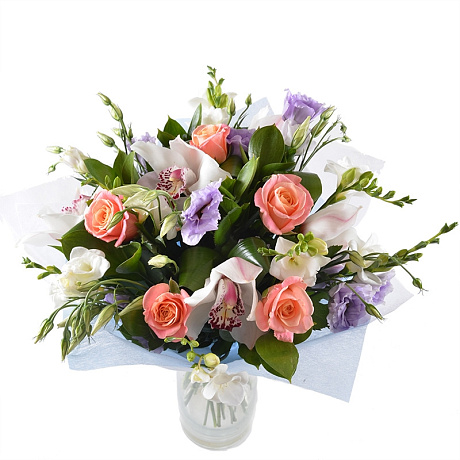 Букет из роз, фрезий, эустомы и орхидей - Фото 1