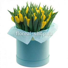 35 желтых тюльпанов в голубой шляпной коробке №222