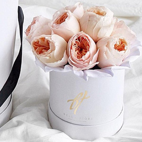 11 белых пионовидных роз Премиум в розовой шляпной коробке