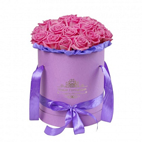 25 розовых роз в сиреневой шляпной коробке №619