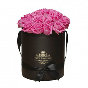 25 розовых роз в черной шляпной коробке №620