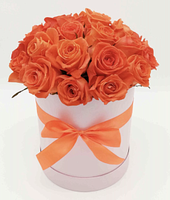 25 оранжевых роз в розовой шляпной коробке №189