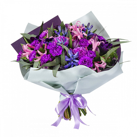 Букет цветов с сиреневой гвоздикой и гиоцинтами - Фото 1