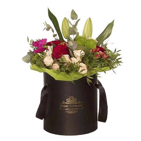 Микс роза, лилия и хризантемы в черной шляпной коробке - Фото 1