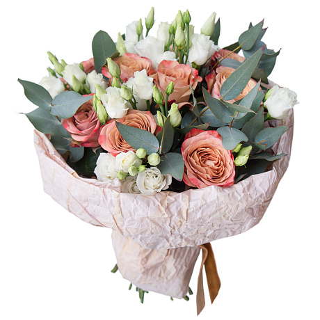 Букет из 15 роз Капучино с лизиантусом - Фото 1